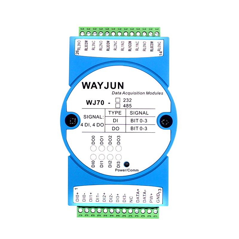 WJ70系列 四路DI四路繼電器輸出，RS-485/232數(shù)據(jù)采集遠(yuǎn)程IO模塊